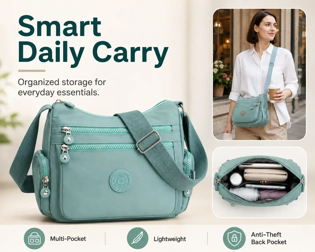 Ladies Multi Pocket Nylon Crossbody Bag, Women Large Capacity Casual Shoulder Bag for Campus Daily Use