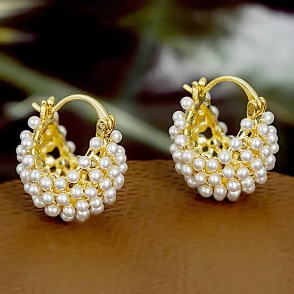 Faux Pearl Basket Hoop Earrings