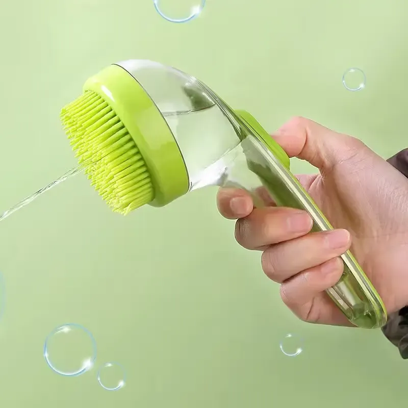 Pet Bathing Brush Built‑in Shampoo Container Long Handle Soft Silicone Massage Scrubber for Dog Cat Grooming