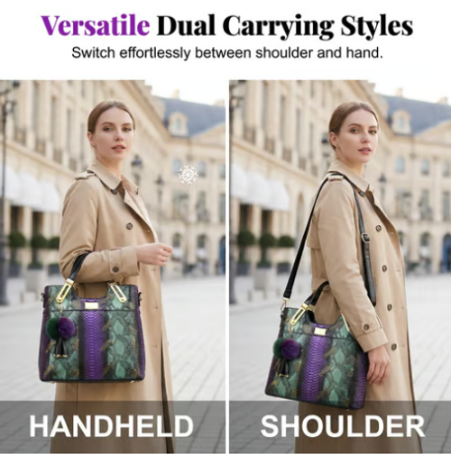 Elegant Snake‑Print PU Leather Women Handbag, Large‑Capacity Fashion Shoulder Crossbody Tote Bag with Detachable Pom‑pom Tassel Pendant