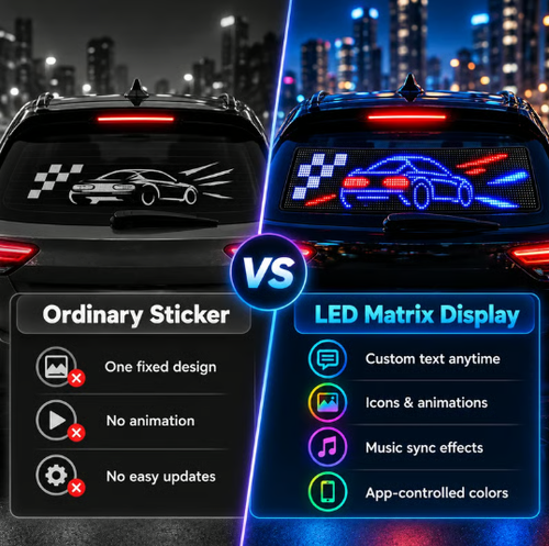 App-Controlled Car LED Matrix Display – Custom Text, Animation & Music Sync Rear Window Sign