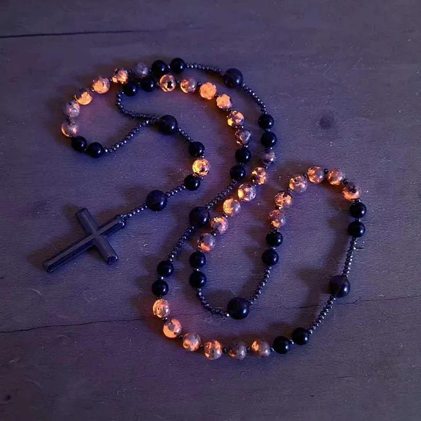 Natural Obsidian Yooperlite Rosary Necklace, UV Reactive Energy Protection Healing Crystal  >