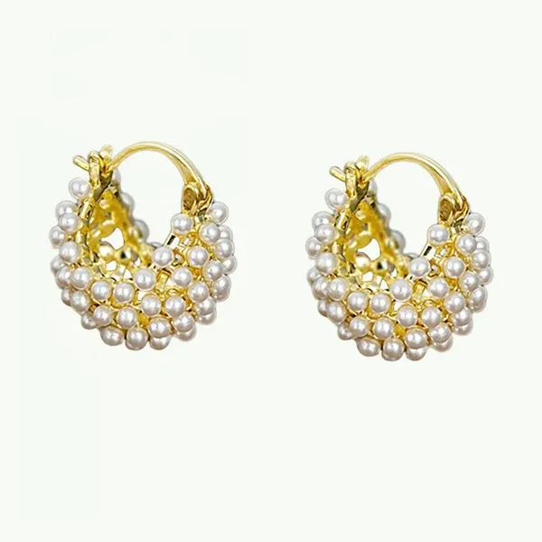 Faux Pearl Basket Hoop Earrings