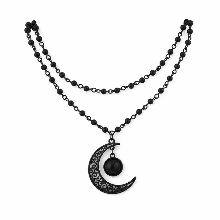 Gothic Dark Crystal Beaded Chain Necklace with Hollow Out Moon Alloy Pendant