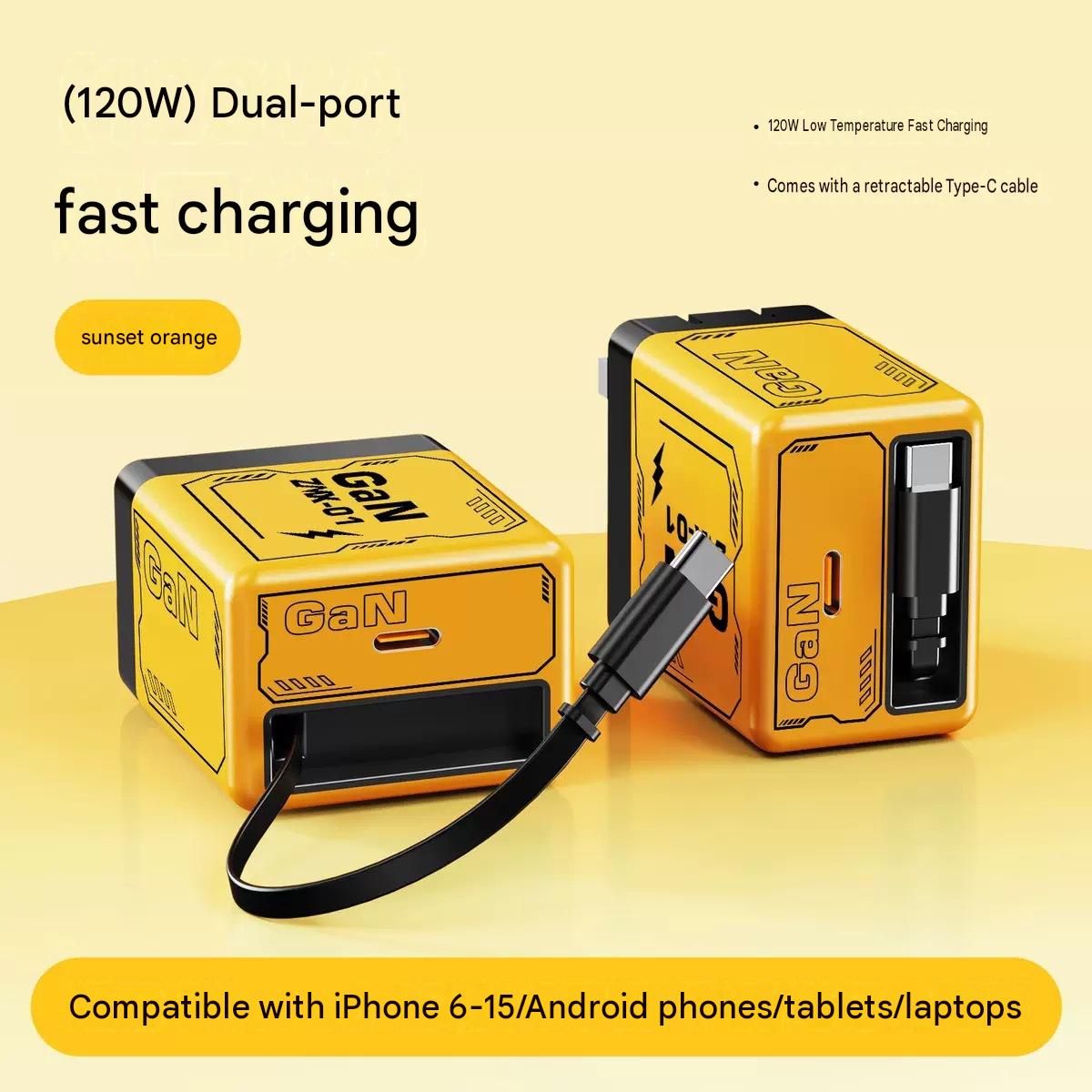 120W Fast Charging Phone Charger Block with Retractable 80cm Type-C Cable