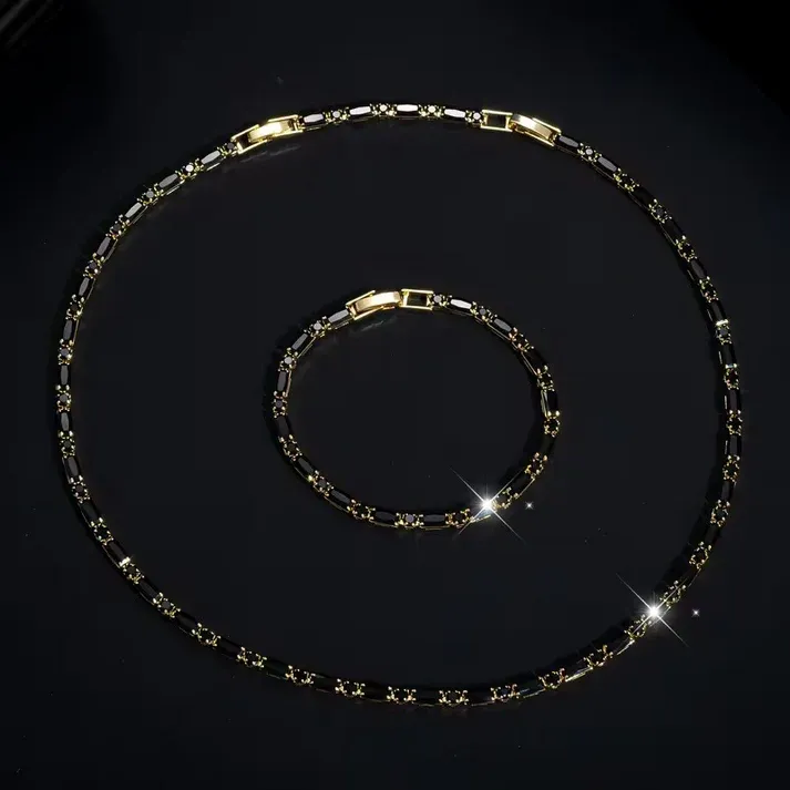 Hip Hop Black CZ Necklace & Bracelet Set, Gold Plated Adjustable Unisex Jewelry**