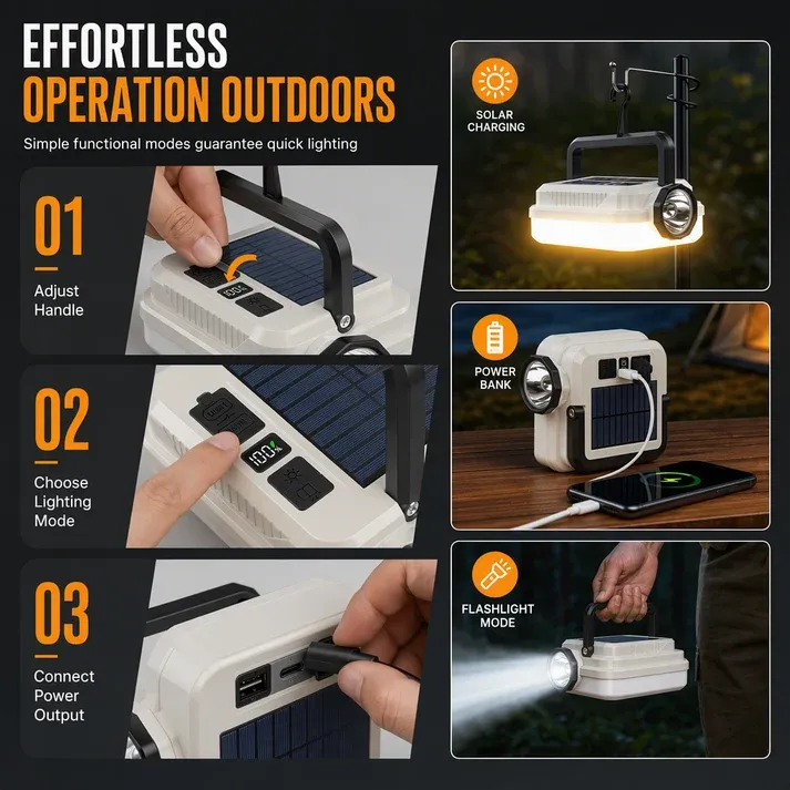 Solar Rechargeable LED Camping Lantern Multifunctional Handheld Work Light