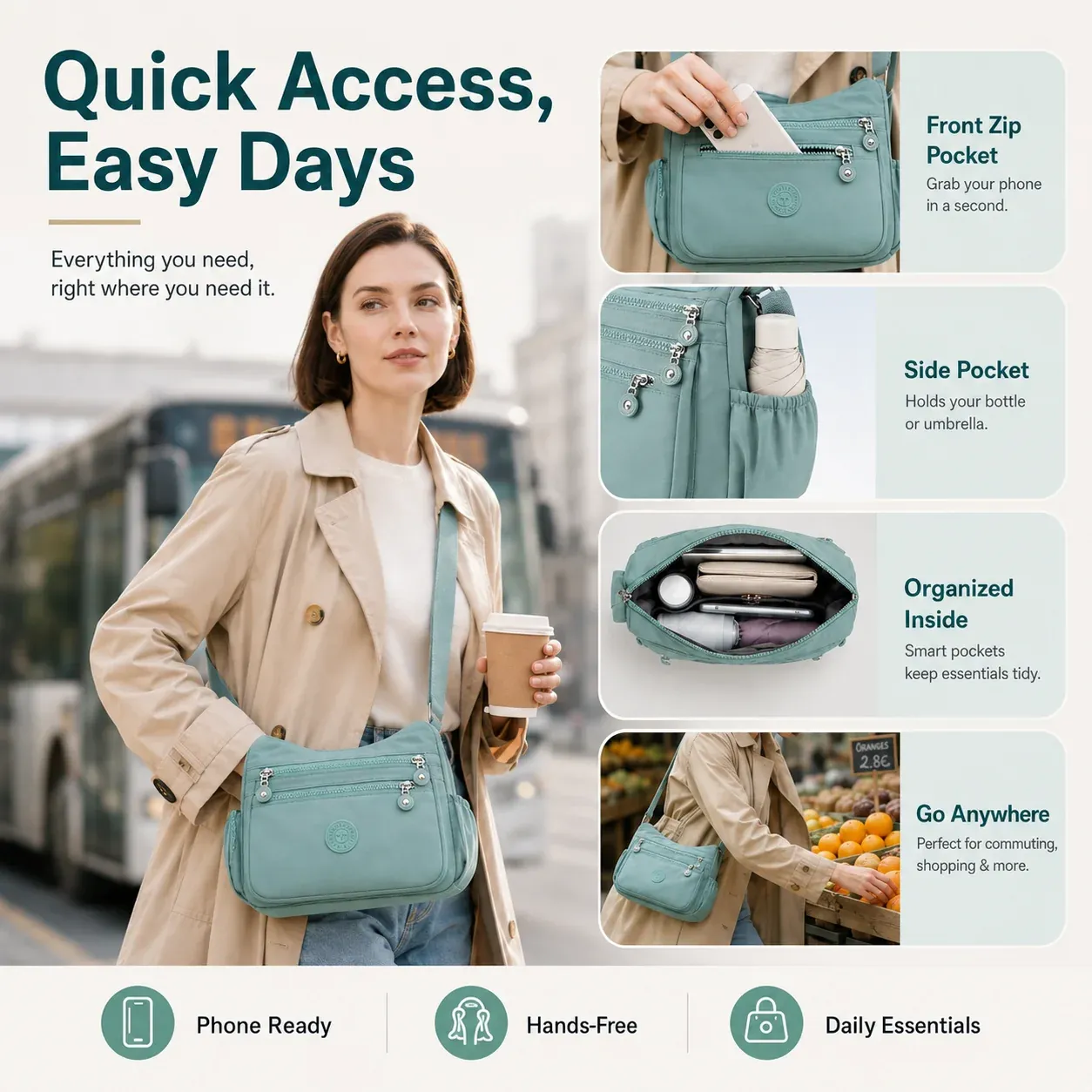 Ladies Multi Pocket Nylon Crossbody Bag, Women Large Capacity Casual Shoulder Bag for Campus Daily Use
