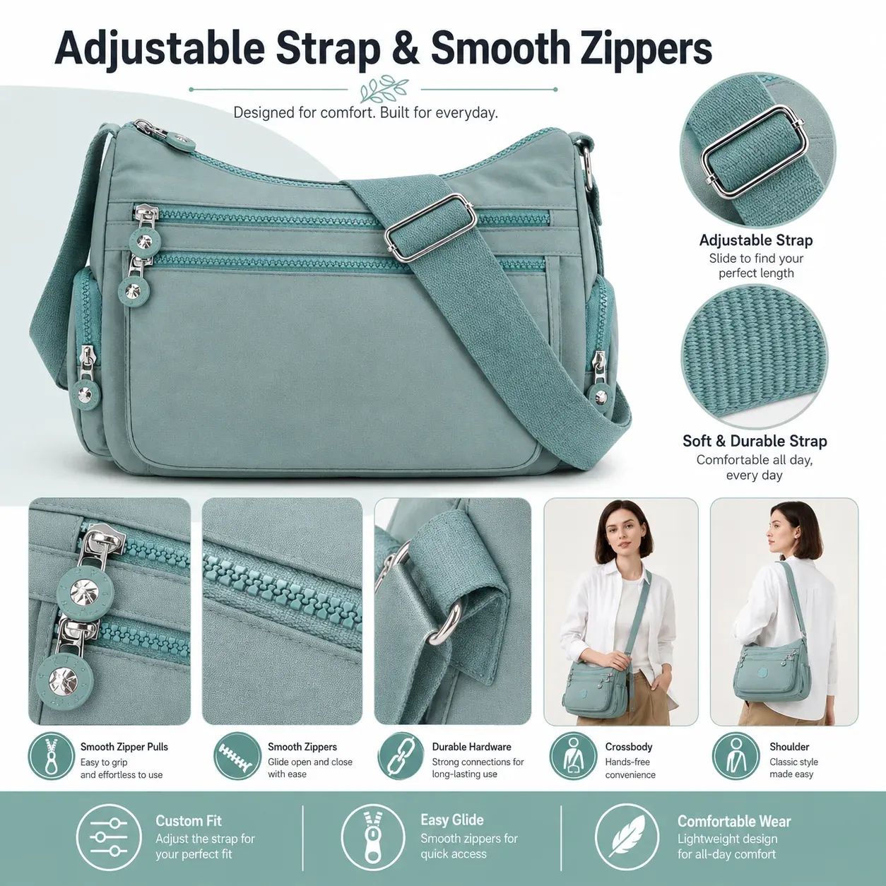 Ladies Multi Pocket Nylon Crossbody Bag, Women Large Capacity Casual Shoulder Bag for Campus Daily Use