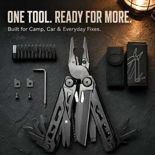 📍🎉 🏕️ 16-in-1 Camping Multi-Tool with Full-Size Scissors & Carrying Pouch