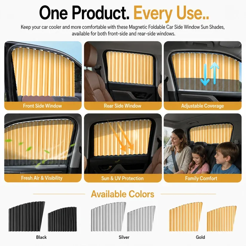 Golden 4Pcs Car Side Window Sunshade Curtain with Binding Straps, Embedded Slide Rail, UV Protection Car Privacy Curtain
