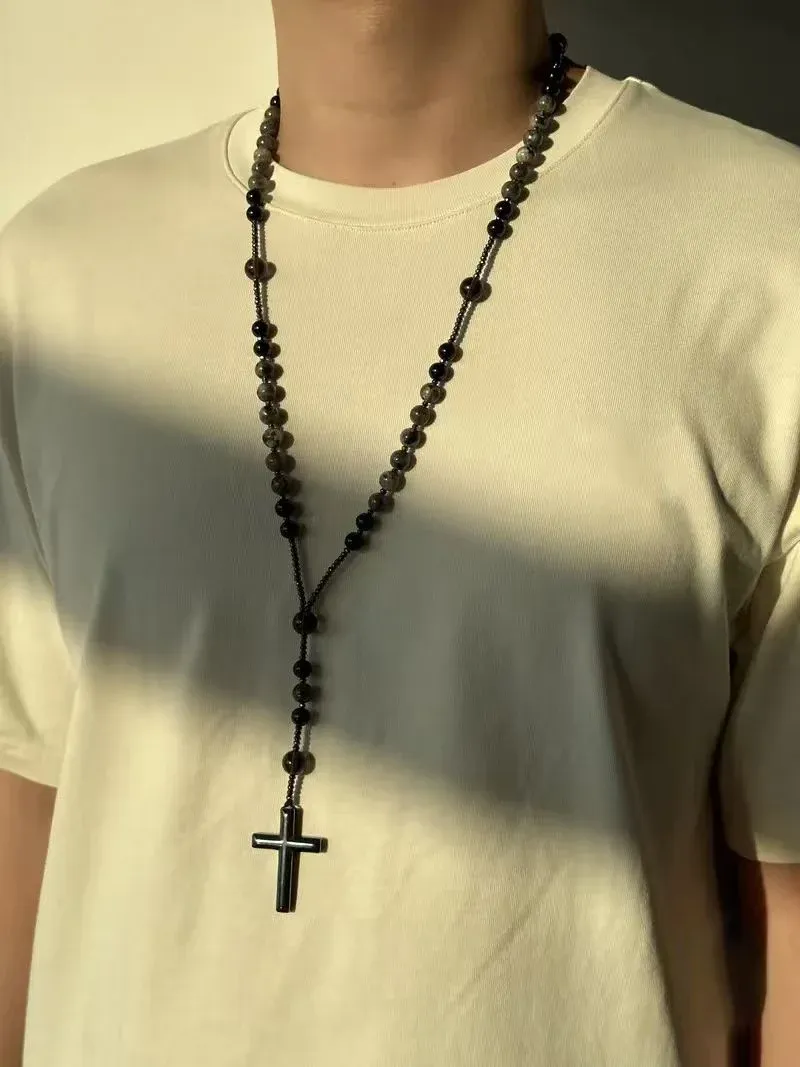 Natural Obsidian Yooperlite Rosary Necklace, UV Reactive Energy Protection Healing Crystal  >