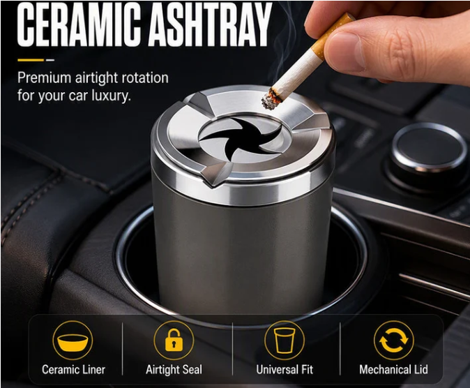 Rotating Car Ashtray with Ceramic Inner Liner, Mechanical Airtight Lid Car Cup‑Holder Ashtray, Universal Fit Smokeless Ash Container for Vehicle Interior
