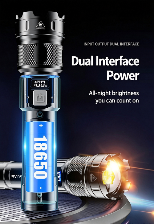White Laser Rechargeable Torch, Type‑C Fast Charging Digital Display Zoom Flashlight for Emergency Outdoor