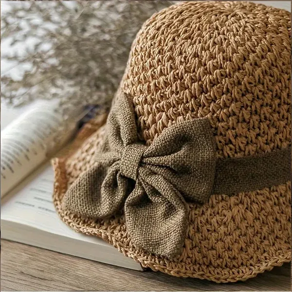 Elegant Woven Straw Sun Hat with Bow – Breathable, Foldable
