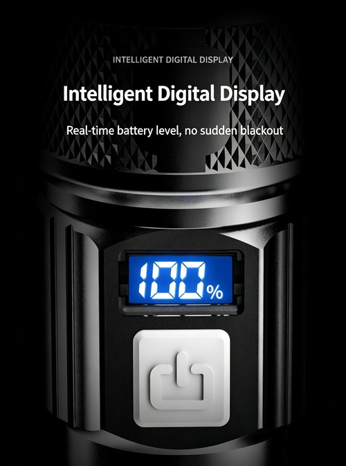 White Laser Rechargeable Torch, Type‑C Fast Charging Digital Display Zoom Flashlight for Emergency Outdoor