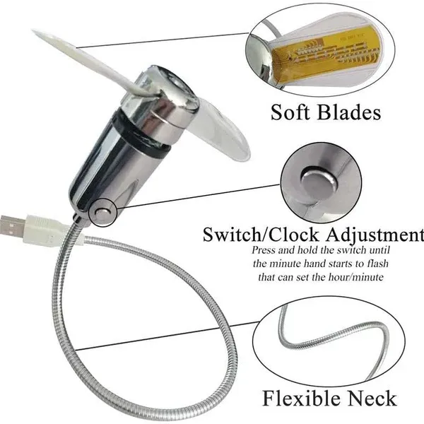 USB Fan with LED Clock Lighting