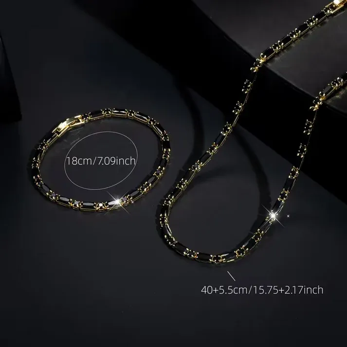 Hip Hop Black CZ Necklace & Bracelet Set, Gold Plated Adjustable Unisex Jewelry**