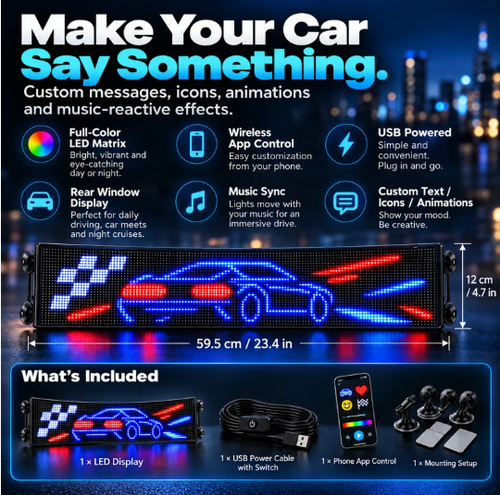 App-Controlled Car LED Matrix Display – Custom Text, Animation & Music Sync Rear Window Sign