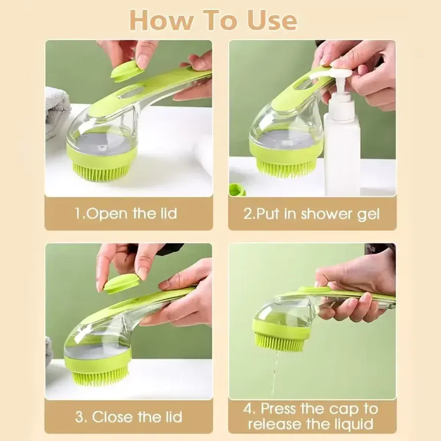 Pet Bathing Brush Built‑in Shampoo Container Long Handle Soft Silicone Massage Scrubber for Dog Cat Grooming