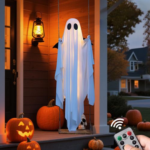 Light‑Up Swinging Ghost Halloween Decoration, Hanging Ghost Ornament with LED String Light & Remote Control for Outdoor Yard Patio Party Decor