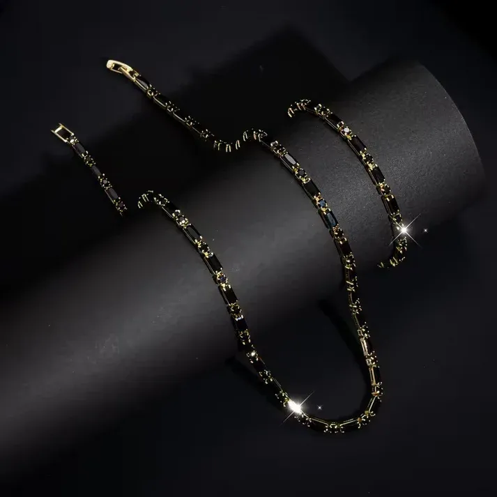 Hip Hop Black CZ Necklace & Bracelet Set, Gold Plated Adjustable Unisex Jewelry**