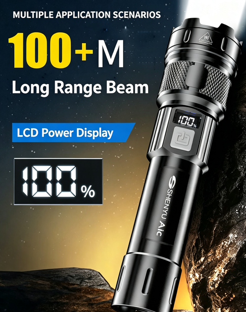 White Laser Rechargeable Torch, Type‑C Fast Charging Digital Display Zoom Flashlight for Emergency Outdoor