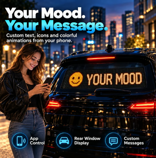 App-Controlled Car LED Matrix Display – Custom Text, Animation & Music Sync Rear Window Sign