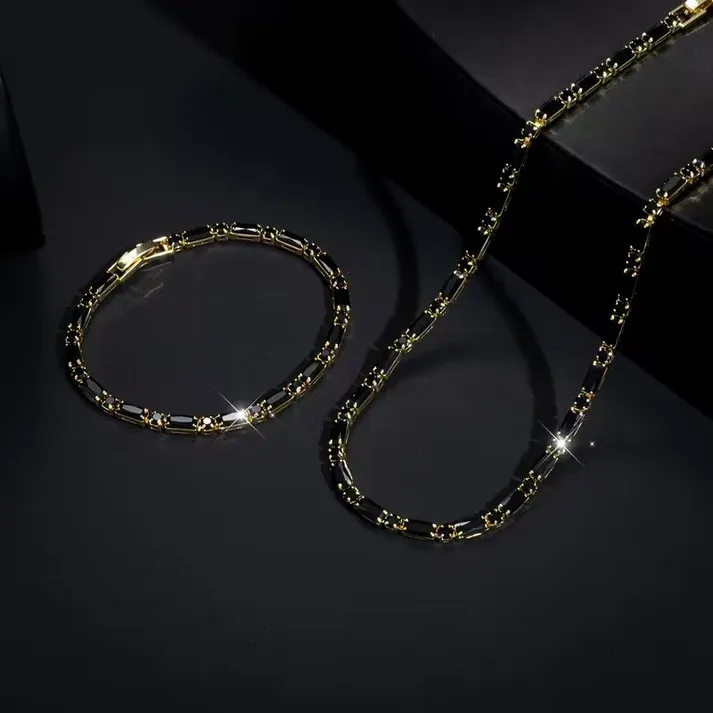 Hip Hop Black CZ Necklace & Bracelet Set, Gold Plated Adjustable Unisex Jewelry**