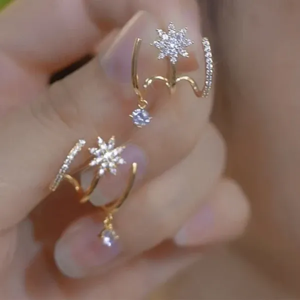 Shiny Eight-pointed Star Cuff Stud Earrings for Women, Micro Inlaid Zircon