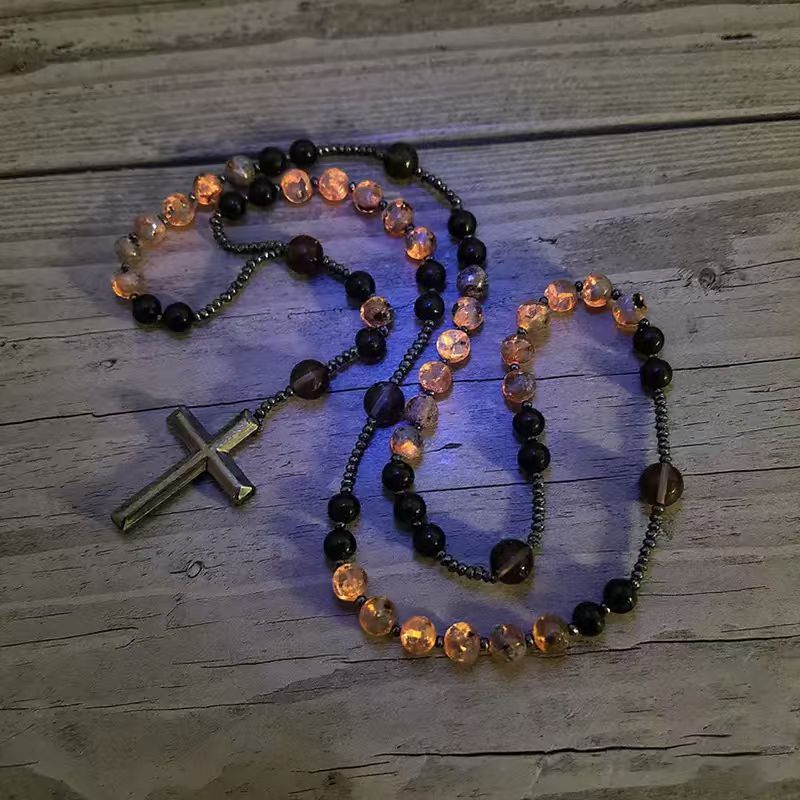 Natural Obsidian Yooperlite Rosary Necklace, UV Reactive Energy Protection Healing Crystal  >