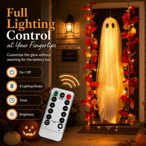 Light‑Up Swinging Ghost Halloween Decoration, Hanging Ghost Ornament with LED String Light & Remote Control for Outdoor Yard Patio Party Decor