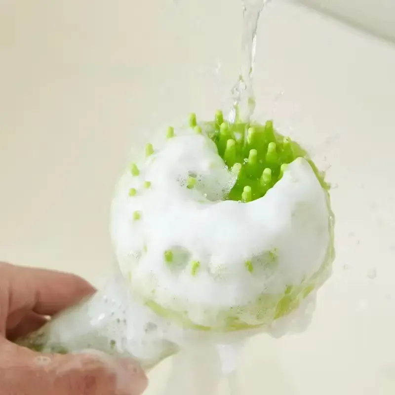 Pet Bathing Brush Built‑in Shampoo Container Long Handle Soft Silicone Massage Scrubber for Dog Cat Grooming