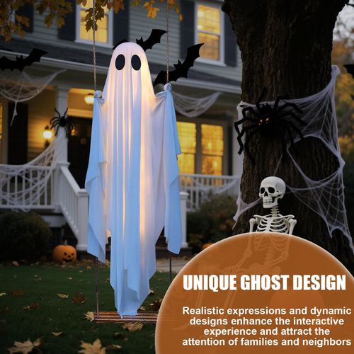 Light‑Up Swinging Ghost Halloween Decoration, Hanging Ghost Ornament with LED String Light & Remote Control for Outdoor Yard Patio Party Decor