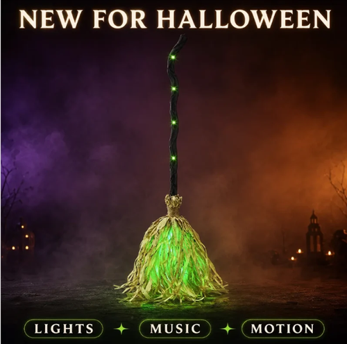 🧙 Animated Witch Broom Halloween Decoration with Lights and Sound