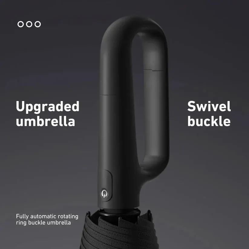 Fully Automatic Ring Buckle Handle Umbrella, Black Coating UV Protection Windproof 3-Fold Sun & Rain Dual Use Folding Parasol for Men Women