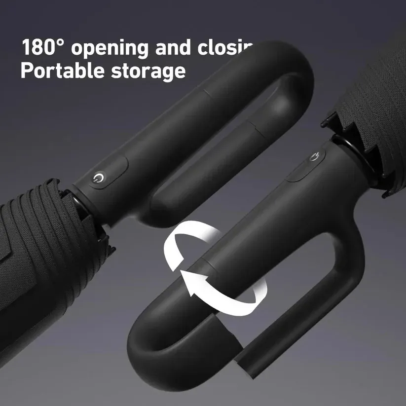 Fully Automatic Ring Buckle Handle Umbrella, Black Coating UV Protection Windproof 3-Fold Sun & Rain Dual Use Folding Parasol for Men Women