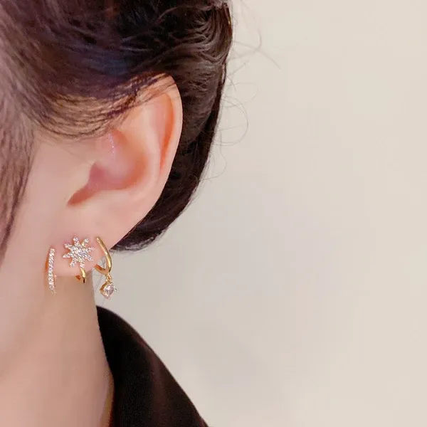Shiny Eight-pointed Star Cuff Stud Earrings for Women, Micro Inlaid Zircon