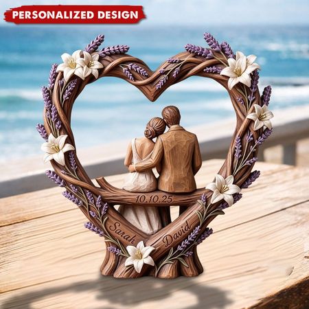 Escultura de madera con forma de corazón para pareja con nombre personalizado
