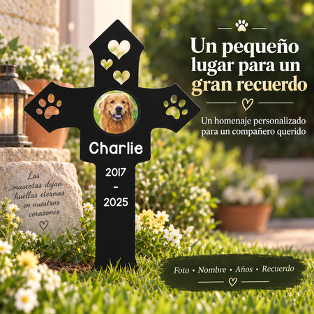 Estaca Conmemorativa Personalizada para Mascotas con Foto – Cruz de Metal con Nombre y Años para Jardín