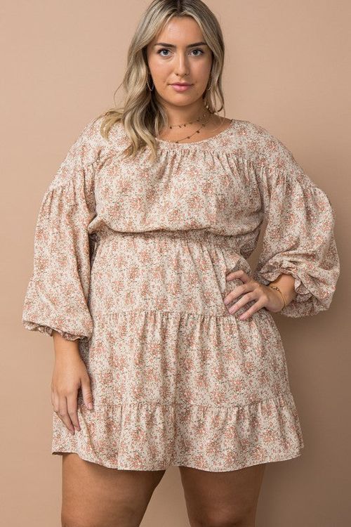 PLUS Ruffled Cuff Floral Mini Dress (Natural)
