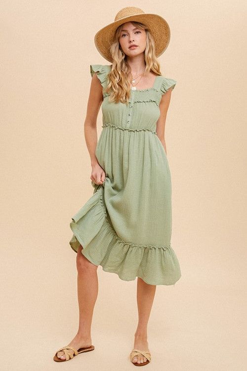 Smocked Yoke Ruffle Midi Dress