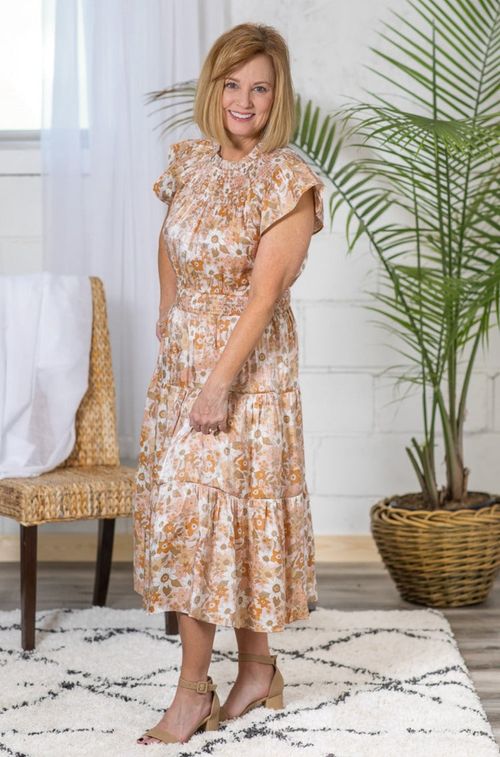 High Neck Smocked Print Dress