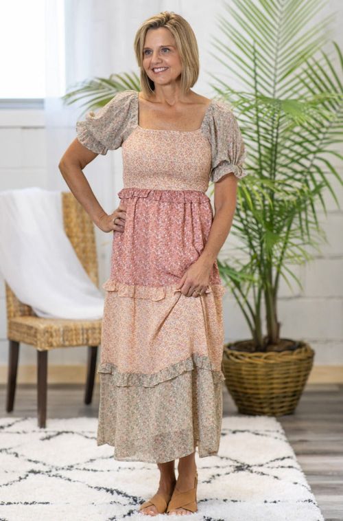 Mixed Print Boho Midi Dress