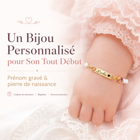 Bracelet Bébé Personnalisé avec Prénom et Pierre de Naissance – Bracelet Perlé Or ou Argent, Cadeau de Naissance pour Fille