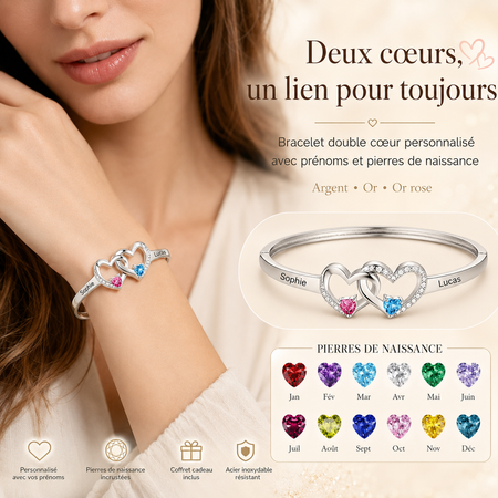 Bracelet Jonc Double Cœur Personnalisé avec Prénoms et Pierres de Naissance – Cadeau Romantique pour Femme