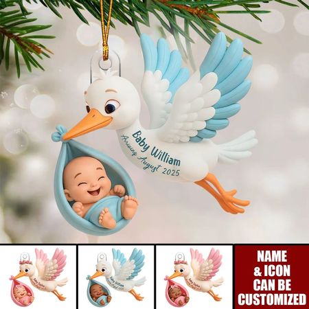 Décoration en acrylique personnalisée avec une jolie cigogne et son bébé, un premier cadeau sincère pour une future maman