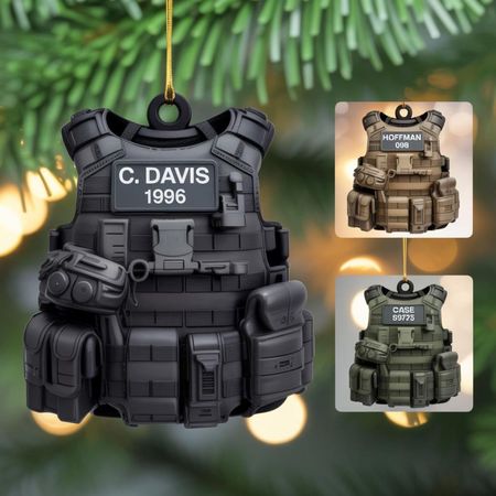 Ornement personnalisé pour gilet tactique avec nom et numéro – Décoration personnalisée pour sapin de Noël – Cadeau pour les militaires, les policiers et les forces de sécurité