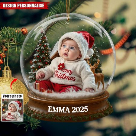 Ornement personnalisé en acrylique - Premier Noël du bébé avec le Père Noël et un costume de renne