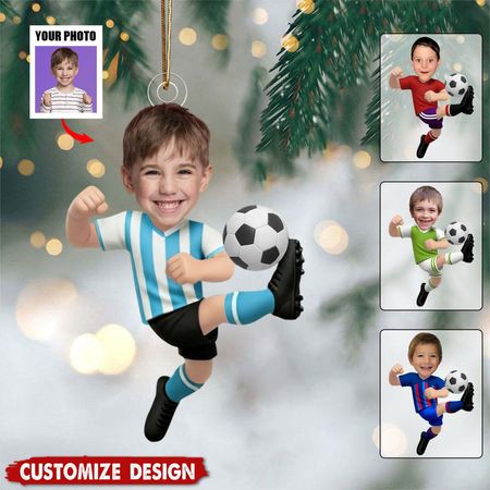 Ornement de football personnalisé avec photo d'enfant - Cadeau pour garçon ou fille passionné(e) de football